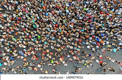Aerial. People crowd background texture. Top view.