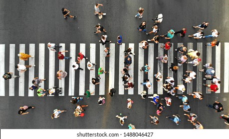 Aerial. People crowd. Many people going through the pedestrian crosswalk. Top view.