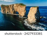 Aerial of Perce rock, Quebec, Canada