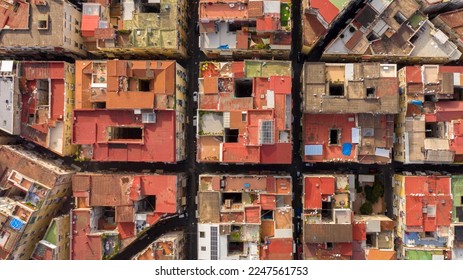 Aerial perpendicular view of the Quartieri Spagnoli (Spanish Neighborhoods), a part of the city of Naples in Italy. This district is located in the historic center of the city. - Shutterstock ID 2247561753
