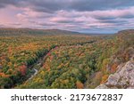 Aerial perspective of autumn forest at sunset, Lake of the Clouds, Porcupine Mountains Wilderness State Park, Michigan