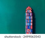 the aerial perspective of a cargo ship being loaded and unloaded at a bustling seaport and sailing out of the mainland