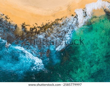 Similar – Image, Stock Photo Aerial perspective of textured desert terrain with intricate erosion patterns and trails in Utah, exhibiting a blend of golden and grey hues