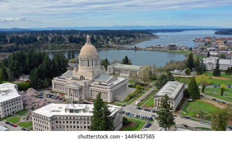 Aerial Perspective Over Spring Cherry Blossoms at the Washington State Capital building in Olympia