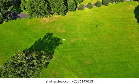 An aerial perspective recedes from two boys playing soccer in an open field within a picturesque park on a sunny day, transitioning to a wide-ranging view of the surrounding area with the city skyline - Powered by Shutterstock