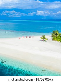 Aerial Photo Of Beautiful Maldives Paradise Tropical Beach. Amazing View, Blue Turquoise Lagoon Water, Palm Trees And White Sandy Beach. Luxury Travel Vacation Destination. Sunny Aerial Landscape
