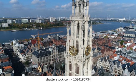 Aerial Photo Belgium Antwerp Cathedral Of Our Lady In Dutch Onze Lieve Vrouwekathedraal And In Background Showing Great Market Square Situated In Old City Quarter Also In Background Scheldt River