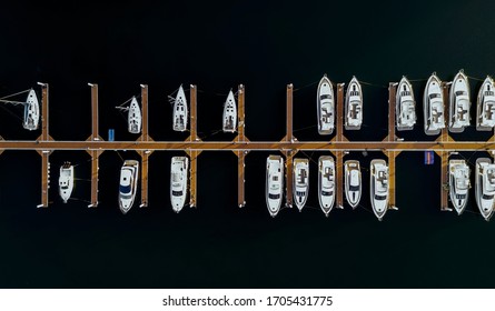 Aerial photo of a boat moored at the port in Dalian, Liaoning Province, China
