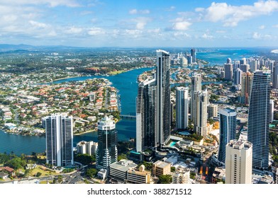 Aerial Photo Of Business Centre, Gold Coast, Australia. View From Above On Skyscrapers Of Downtown, Business Centre, Road Infrastructure, Hotels And Residential Area Of Gold Coast, Australia