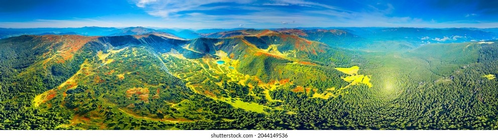 Aerial photo by drone copter Svidovets ridge mountains, lakes Vorozheska, Apshinetsand autumn panorama of green forests, red blueberries and lingonberries, roads and trails. Spherical panorama 360.