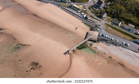 Aerial photo by drone of the landing beaches in Normandy, gold beach, commune of Arromanches, France