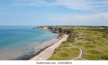 Aerial photo by drone of the landing beaches in Normandy, Pointe du Hoc site, Cricqueville-en-Bessin, France - Shutterstock ID 2132128513
