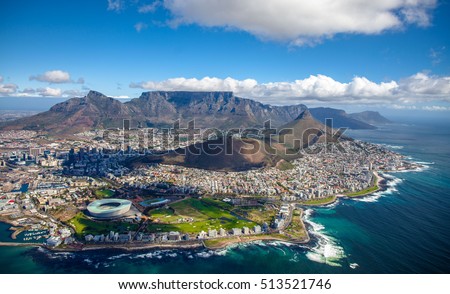 Aerial photo of Cape Town South Africa, overlooking Table Mountain and Lions Head