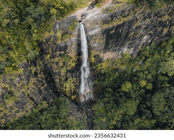 Aerial Photo of Diyaluma falls Waterfall in jungle of Ella Sri Lanka