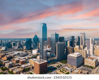 Aerial photo Downtown Dallas Texas on a blue sky circa 2023 summer heat wave