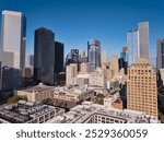 Aerial photo of downtown Houston, Texas on a beautiful blue sky cloudy day with tall buildings in the background.