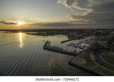 Aerial photo of downtown Pensacola, FL at sunset.
