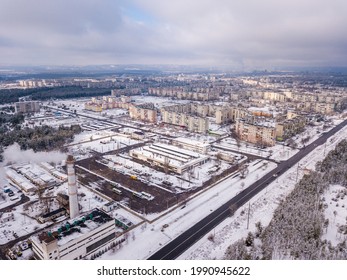 Aerial Photo From Drone Of Winter Small City In Ukraine. Winter City Scape