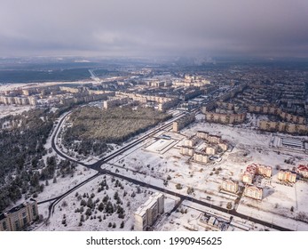 Aerial Photo From Drone Of Winter Small City In Ukraine. Winter City Scape