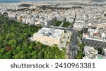 Aerial photo of famous Greek Parliament building in syntagma square in the heart of Athens historic centre, Attica, Greece