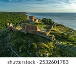 Aerial photo of Hammershus castle ruin in sunset light, Bornholm, Denmark