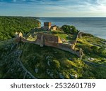 Aerial photo of Hammershus castle ruin in sunset light, Bornholm, Denmark