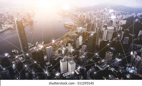 Aerial Photo Of Hong Kong Develop City With Popular Financial And Business Centers. Advanced Infrastructure Of Buildings Construction And Urban Transportation.Infographics Elements With Networking Map