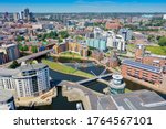 Aerial photo of the Leeds City Centre taken from the area known as The Leeds Dock on a bright sunny summers day