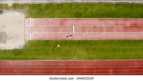 Aerial Photo Of A Long Jumper On The Runway, Drone, Track And Field, Running, Long Jump