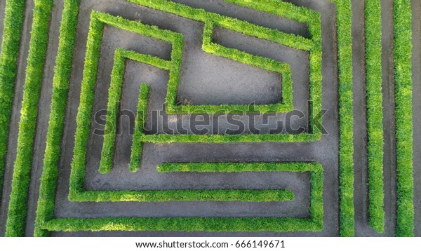 Aerial photo low altitude above bush maze showing\
different paths just one leading to exit also known as labyrinth is\
path or collection of paths typically from entrance to goal drone\
top-down view