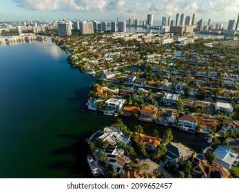 Aerial Photo Luxury Homes On Water Miami FL