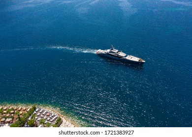 Aerial Photo Of Luxury Mega Yacht On Marina Or Sea