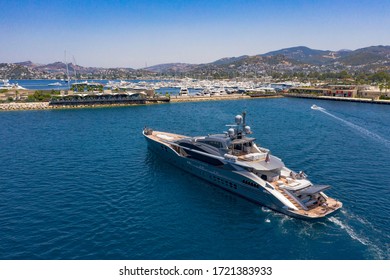 Aerial Photo Of Luxury Mega Yacht On Marina Or Sea