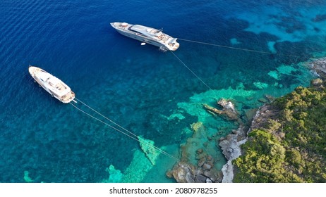 Aerial Photo Of Luxury Sail Boat Anchored In Tropical Caribbean Rocky Turquoise Colour Seascape