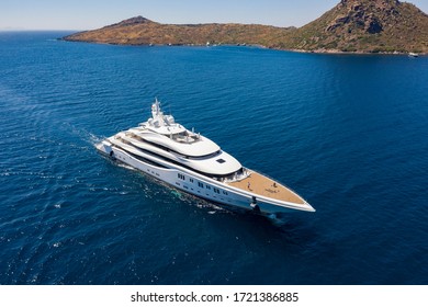 Aerial photo of luxury super yacht on the sea and marina