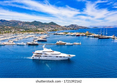 Aerial Photo Of Luxury Super Yacht Marina And Sailing Boats 