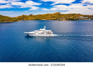 Aerial Photo Of Luxury Super Yacht Marina And Sailing Boats 