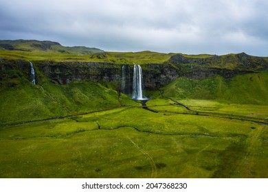 Aerial photo of most visited Seljalandsfoss waterfall, Iceland