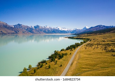 Aerial Photo Of Mt. Cook And Lake Pukaki In Aoraki National Park, New Zealand.