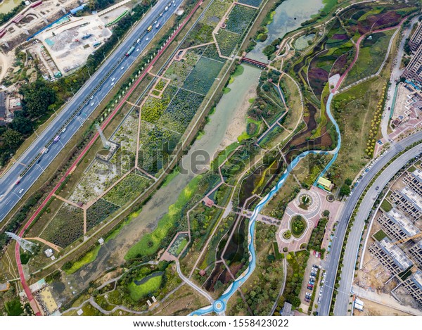 Aerial photo\
of Nakao River Wetland Park in\
China