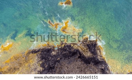 Aerial photo the ocean waves braking on the shores in Canary Islands - Lanzarote: from above with strong waves in blue torquise ocean Cliffs and rocks with ocean by drone. Green Yellow contrast