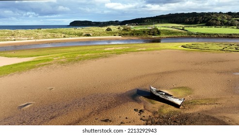 Aerial Photo Of Old Boat Wreck Shipwreck On Culdaff River Beach Strand On The Donegal Coast Ireland