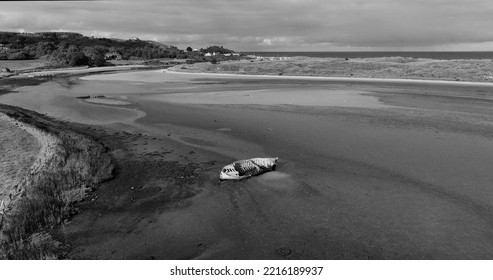 Aerial Photo Of Old Boat Wreck Shipwreck On Culdaff River Beach Strand On The Donegal Coast Ireland