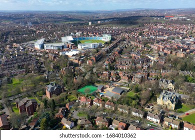 Aerial Photo Over Looking The Area Of Leeds Known As Headingley In West Yorkshire UK, Showing A Typical British Hosing Estates And Roads Taken With A Drone On A Sunny Day