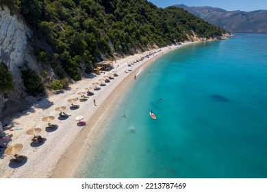Aerial photo of the paradise beach of Gidaki in Ithaca, the beautiful  Ionian island of Greece. - Powered by Shutterstock