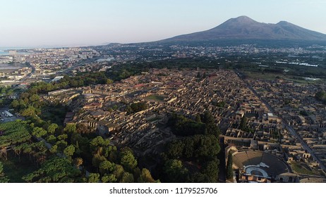 Aerial Photo. Pompeii Ruins - Ancient Lost Roman City. Sunrise. Italy.