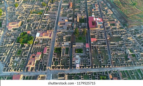 Aerial Photo. Pompeii Ruins - Ancient Lost Roman City. Sunrise. Italy.