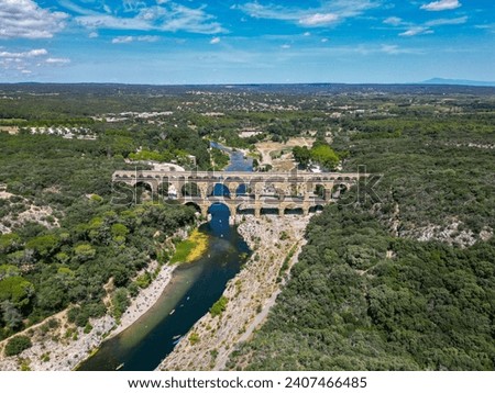 Aerial photo of Pont du Gard is ancient Roman aqueduct that crosses the Gardon River