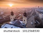 Aerial photo of Reformed Great Church in Debrecen city, Hungary