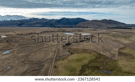 Aerial photo of the road and countryside on the way to the Ashburton Lakes  in the South Island